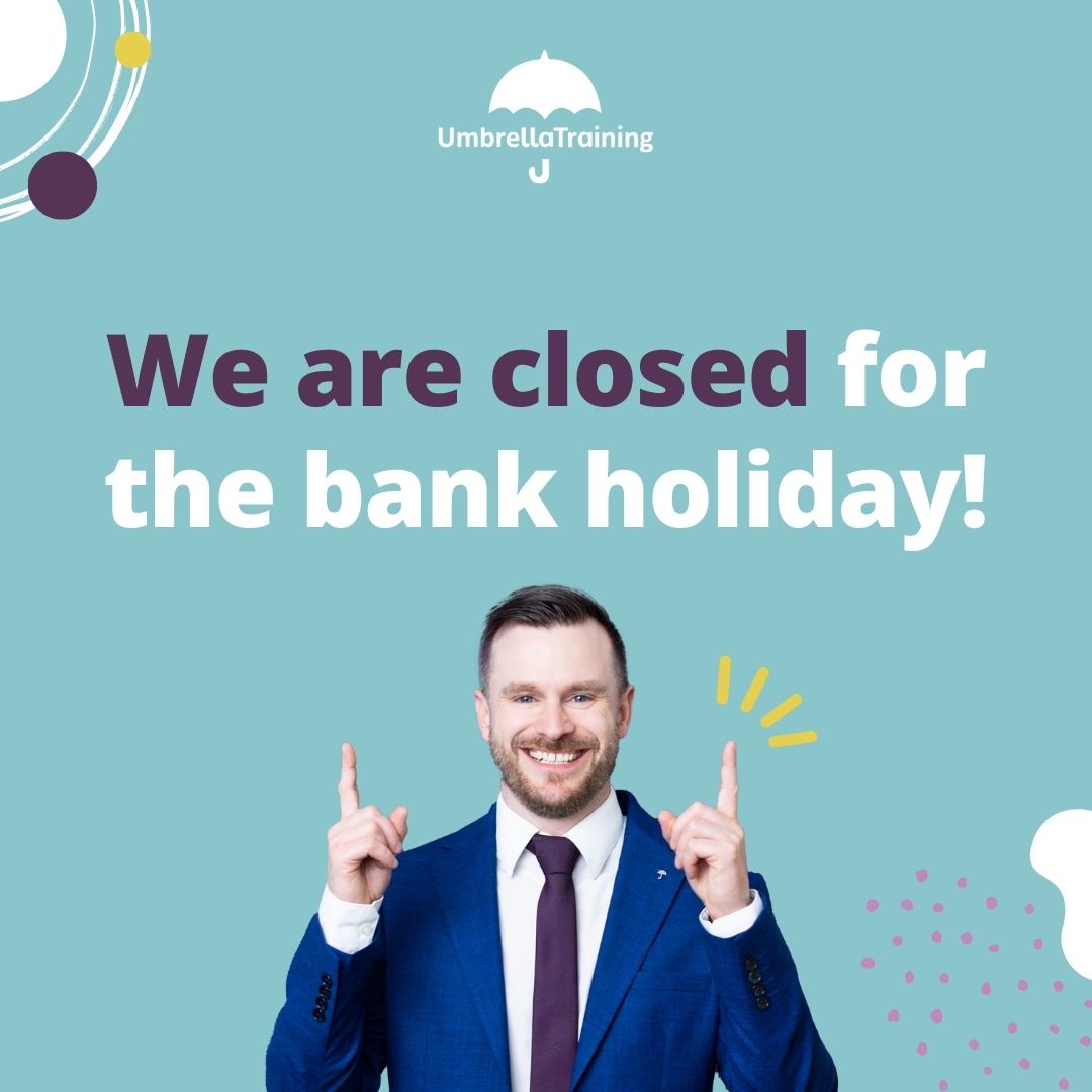 Umbrella Training (@umbrellates) on Twitter photo We are closed this Spring Bank Holiday, Monday 27th May. We will be back to our normal opening hours on Tuesday 28th May.
💜☂️Remember our safeguarding email and contact number is ALWAYS open.
📱 Mobile: 07494 884 298
✉️ Email: safeguarding@umbrellatraining.co.uk We are closed this Spring Bank Holiday, Monday 27th May. We will be back to our normal opening hours on Tuesday 28th May.
💜☂️Remember our safeguarding email and contact number is ALWAYS open.
📱 Mobile: 07494 884 298
✉️ Email: safeguarding@umbrellatraining.co.uk