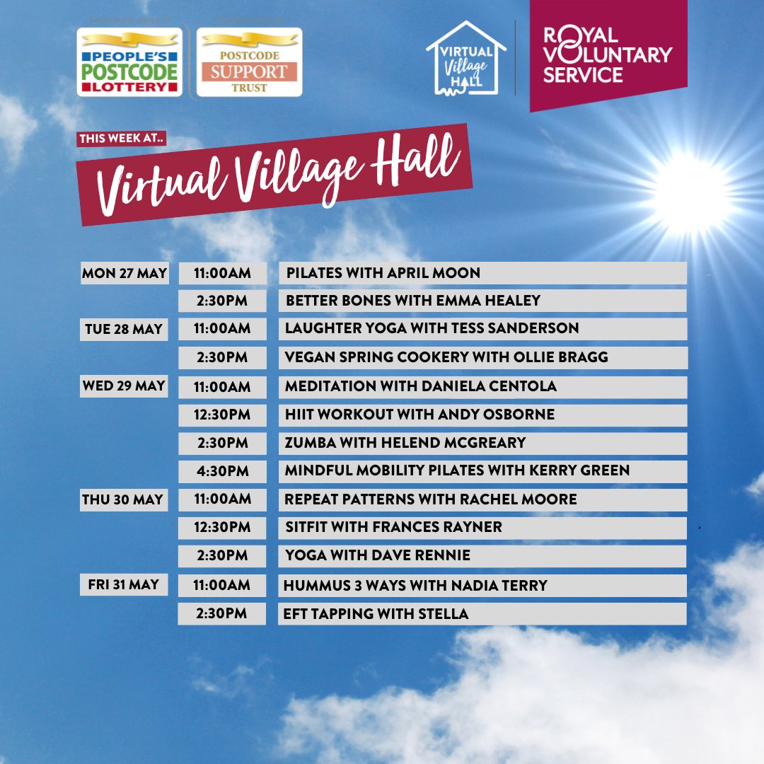 Check out this week's timetable!👇🏼 

Watch any of our sessions again at a time that suits you best on YouTube, Facebook or our Website!

Facebook: orlo.uk/uXqtt
YouTube: orlo.uk/rnqcJ
Website: orlo.uk/RpNyK

#VirtualVillageHall  #OnlineActivities