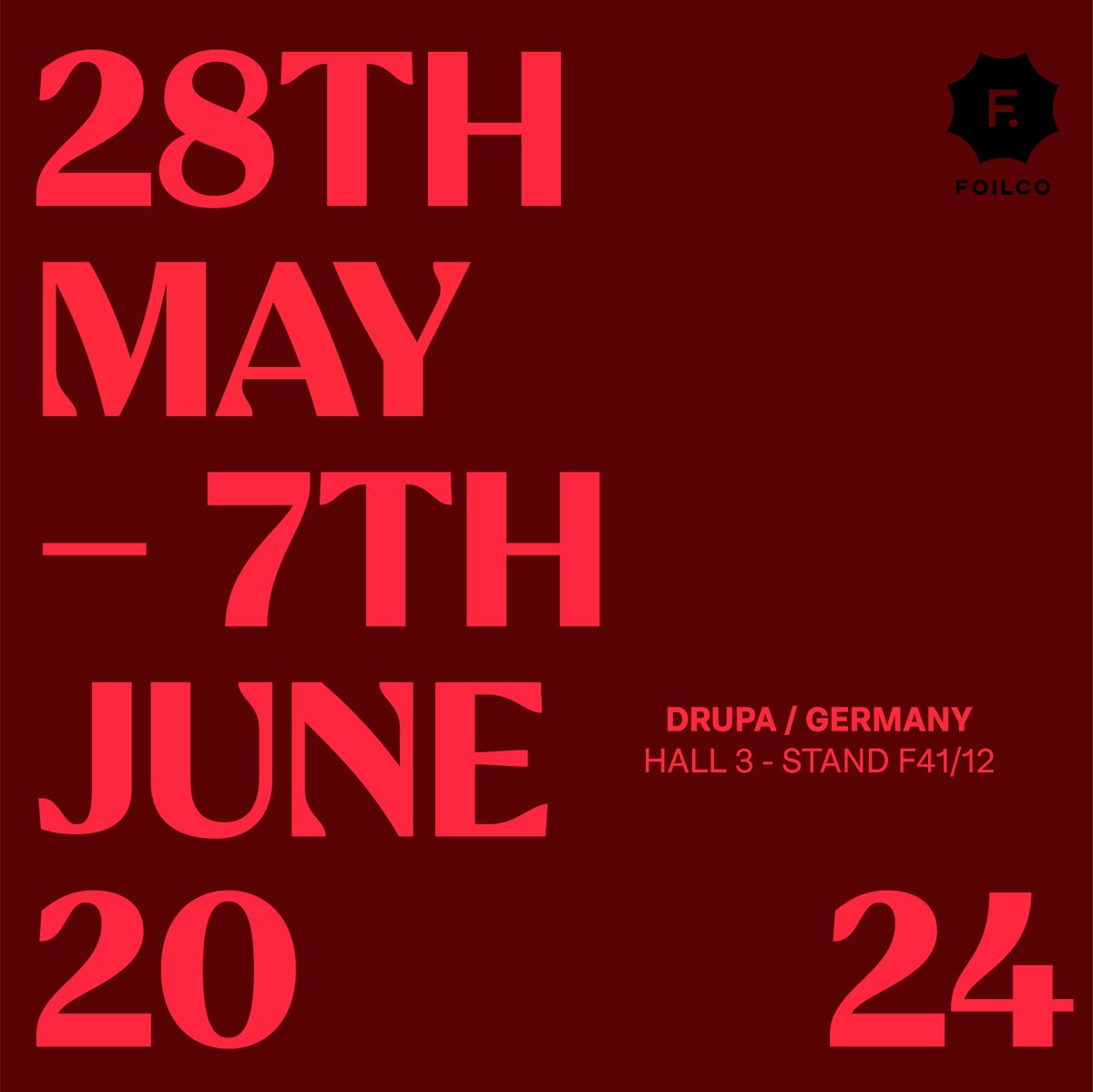 Foilco (@foilco) on Twitter photo Drupa 2024! This week the Foilco team will be supporting our technical partner and agent, KLF. View our latest products and technical developments as we take the use of stamping foils to a whole new level. Email hello@foilco.com to book an appointment with us at our stand 🙌. Drupa 2024! This week the Foilco team will be supporting our technical partner and agent, KLF. View our latest products and technical developments as we take the use of stamping foils to a whole new level. Email hello@foilco.com to book an appointment with us at our stand 🙌.