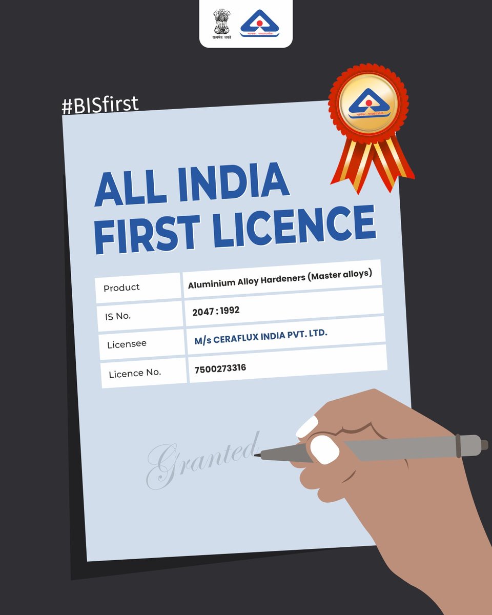 IndianStandards's tweet photo. #AllIndiaFirstLicence has been granted on IS 2047:1992 that focuses on the Aluminium Alloy Hardeners (Master Alloys). 

@jagograhakjago @MinesMinIndia @PIB_Mines @DPIITGoI #BIS #Certified #Aluminium #BISFirst https://t.co/0umMlQbDJQ