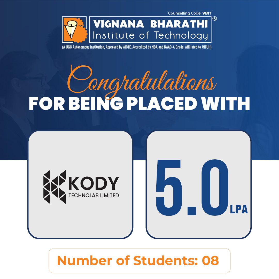 #Congratulations🤝🎉to 8 of our exceptional students for being placed with #KODYTECHNOLAB Limited at a package of #5LPA! Your #Dedication & #Hardwork have led to this fantastic #Achievement. 
We are proud of you!

#VBIT #Placements #CareerSuccess #VBITPlacements #2024Batch #Jobs
