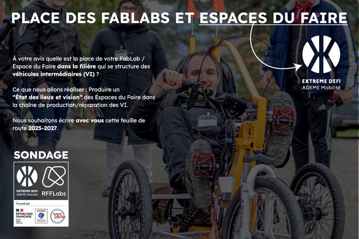 📝SONDAGE eXtremeDefi 🚙
[⏳4 min pour 9 questions]

À votre avis quelle est la place de votre FabLab / Espace du Faire dans la filière qui se structure des véhicules intermédiaires ?

📍 Lien du sondage : cloud.rfflabs.fr/index.php/apps…