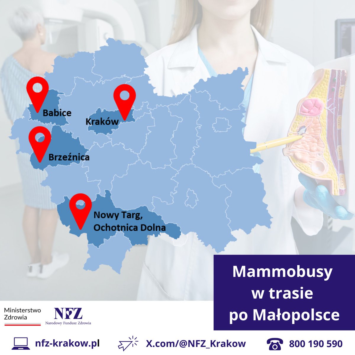 NFZ_Krakow's tweet photo. 👩👱♀️ Masz 45-74 lata?
🎀 Regularnie badaj piersi w programie profilaktycznym @NFZ_GOV_PL i miej pewność, że jesteś zdrowa ❣️
W pracowni stacjonarnej lub mammobusie.
🗺️ Dziś #mammobus w:
#Kraków,
#Babice,
#Brzeźnica,
#NowyTarg,
#OchotnicaDolna.
ℹ️ https://t.co/1f3azkJpEx https://t.co/zXCYfRhwpX