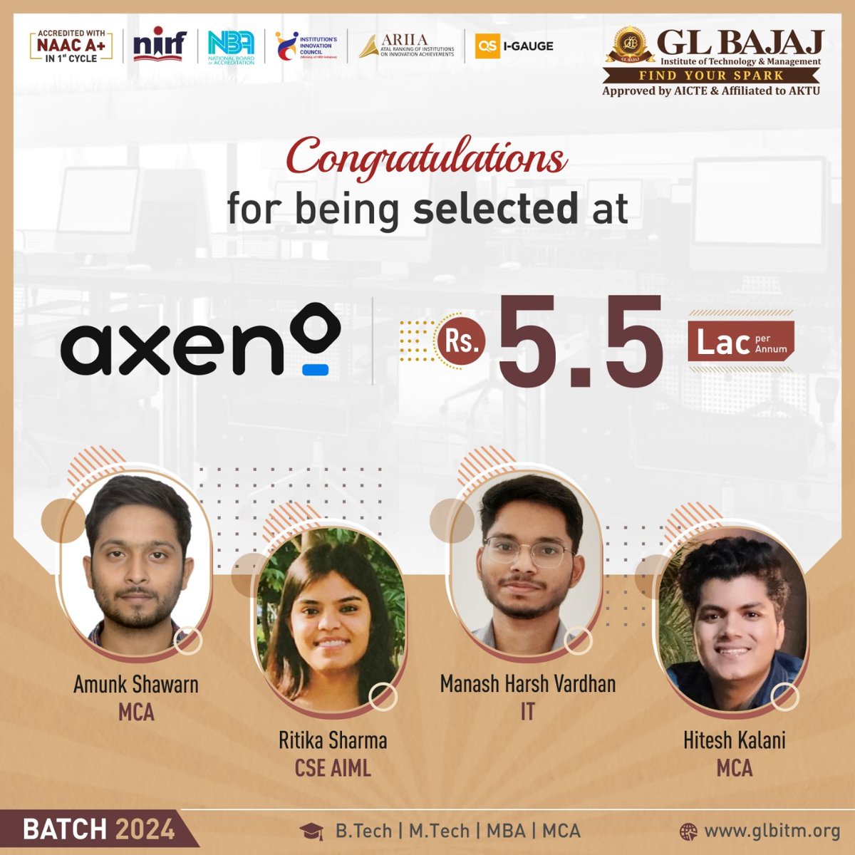 Brilliant Students of B.Tech (CSE, IT, AIML) and MCA Batch 2024 of @GL Bajaj Institute of Technology & Management have ensured an excellent placement from Campus Recruitment Drive at @axenoconsulting 

#GLBajaj #GLBITM #Placement #campusplacement #jobs2024 #NAAC