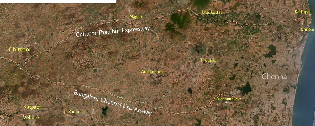 Entire part of Chittoor Thatchur Expressway & TN part of Bangalore Chennai Expressway can be seen in this enhanced satellite image.

Hope this clears the many doubts on the actual alignment of these two E-ways.