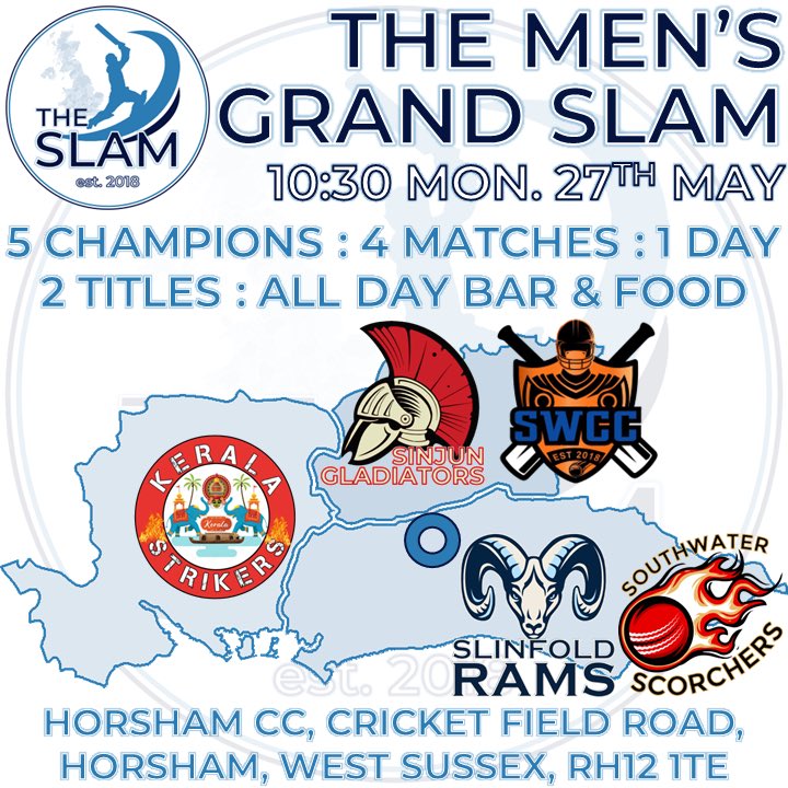 Surrey Slam (@surreyslam) on Twitter photo GRAND SLAM, TAKE 2 🏏
3 weeks after the last try, the Men’s Grand Slam takes place at <a href="/horshamcc/">Horsham Cricket Club</a> today.
CUP: <a href="/KeralaCricketC1/">Kerala Cricket Club Portsmouth</a> Strikers vs. <a href="/SinjunsCC/">Sinjun Grammarians CC</a> Gladiators vs. <a href="/SlinfoldCC/">Slinfold Cricket Club</a> Rams
PLATE: <a href="/SouthwaterCC/">Southwater CC</a> Scorchers vs. Surrey Warriors
All very welcome
slamcricket.co.uk/programme GRAND SLAM, TAKE 2 🏏
3 weeks after the last try, the Men’s Grand Slam takes place at <a href="/horshamcc/">Horsham Cricket Club</a> today.
CUP: <a href="/KeralaCricketC1/">Kerala Cricket Club Portsmouth</a> Strikers vs. <a href="/SinjunsCC/">Sinjun Grammarians CC</a> Gladiators vs. <a href="/SlinfoldCC/">Slinfold Cricket Club</a> Rams
PLATE: <a href="/SouthwaterCC/">Southwater CC</a> Scorchers vs. Surrey Warriors
All very welcome
slamcricket.co.uk/programme