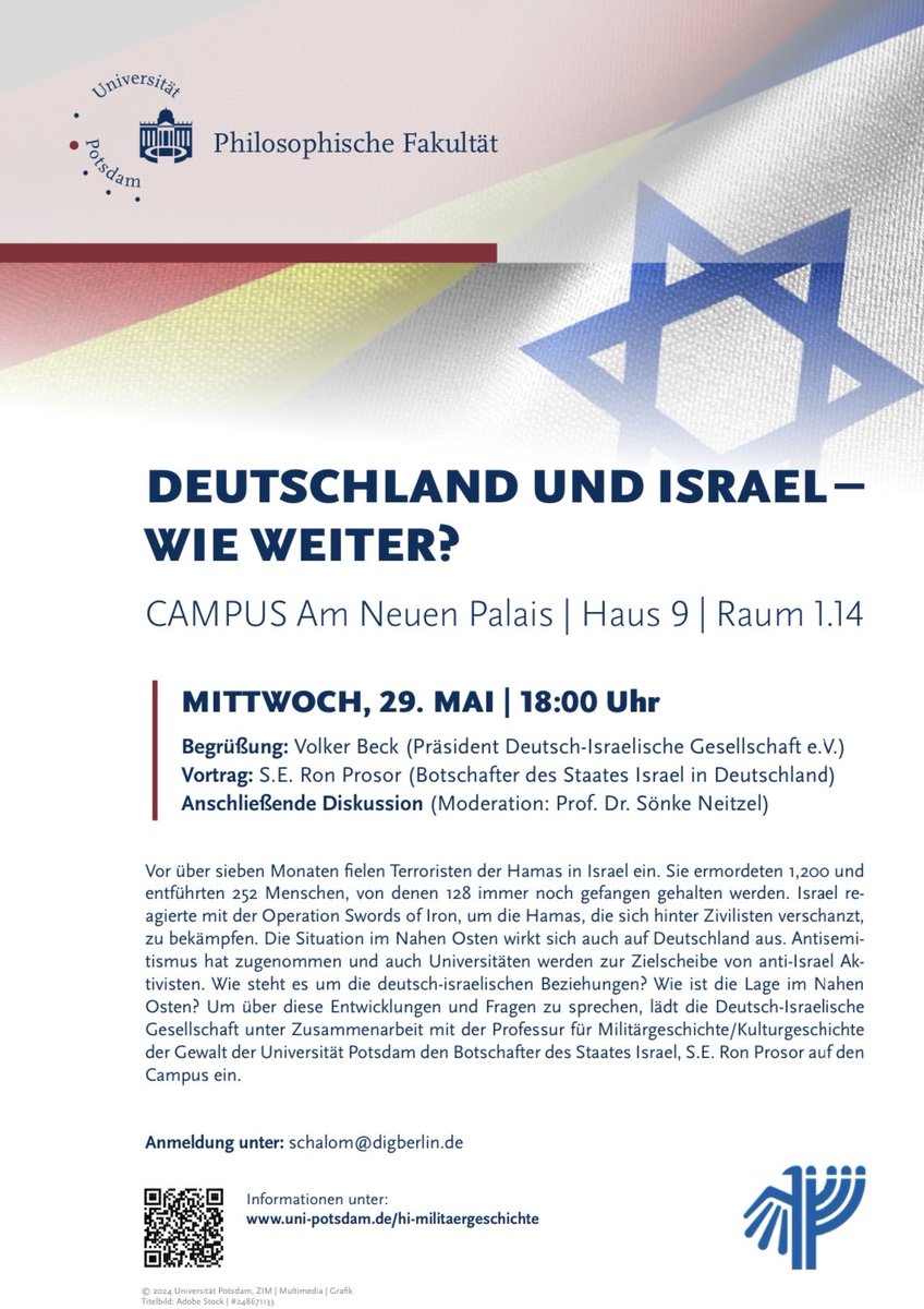 An anderen Universitäten wird gegen Israel gehetzt - wir laden gemeinsam mit der <a href="/unipotsdam/">Universität Potsdam</a> den Botschafter des Staates Israel S.E. <a href="/Ron_Prosor/">Ambassador Ron Prosor</a> auf den Campus nach Potsdam ein. Mittwoch, 18 Uhr.