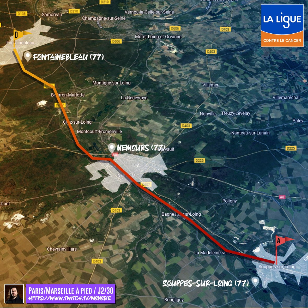 Paris Marseille à pied au profit de <a href="/laliguecancer/">La Ligue contre le cancer</a> Jour 3 - je vous retrouve en live vers Bourron Marlotte où j'aurais du réseau 🙏