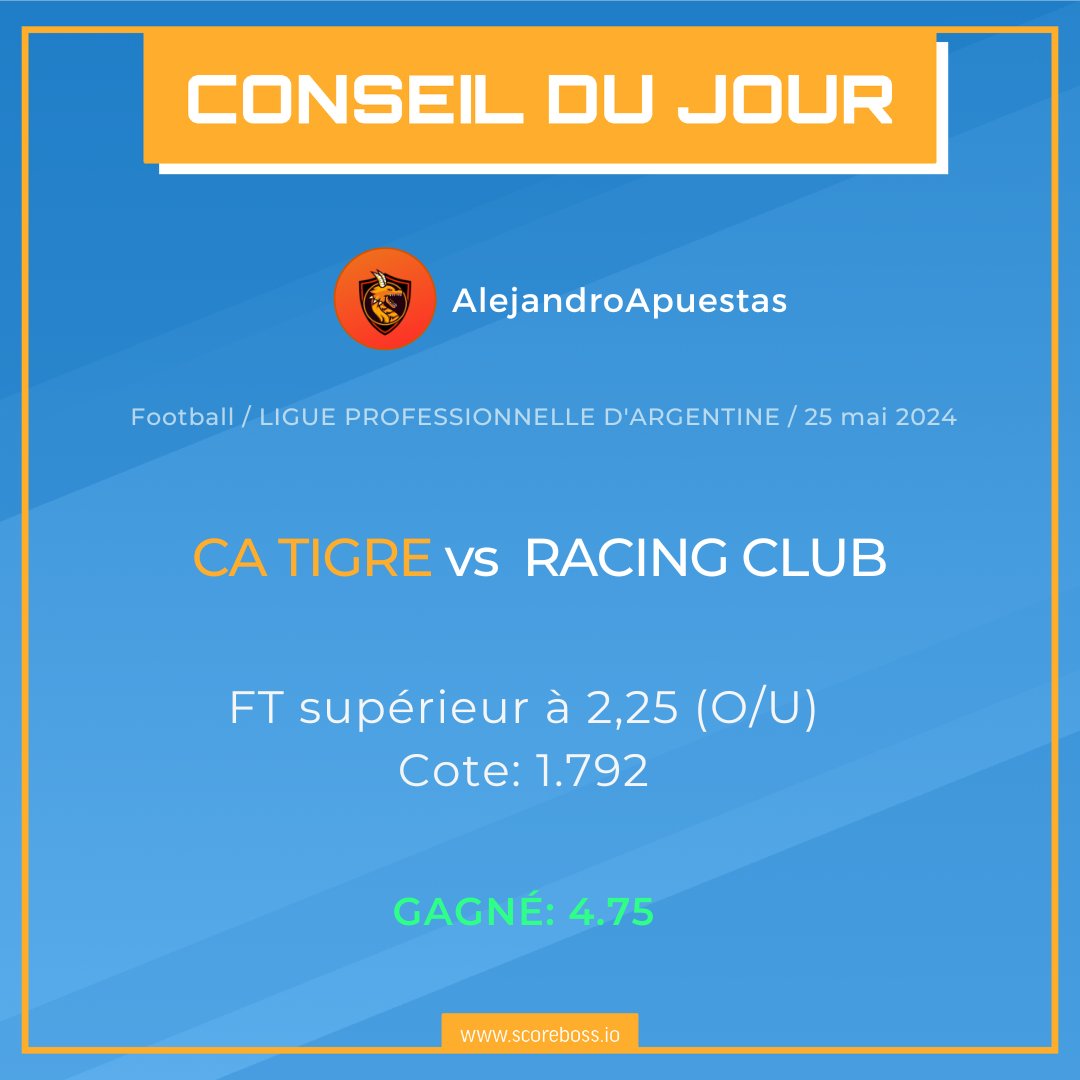 ScoreBoss_FR's tweet photo. ⚽CA Tigre 🆚 Racing Club ⚽

🌐https://t.co/8vItnEtw8R

Profil de pronostiqueur : 🌐https://t.co/WML6OKbxh5

Rejoignez la communauté aujourd'hui. ⬇

🌐https://t.co/Xuuz46v5QY

#Communautédespronostiqueurs
#CATigre
#RacingClub https://t.co/HovsUG22SJ