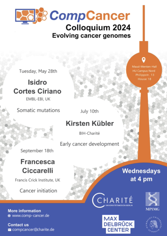 CompCancerRTG's tweet photo. Join us tomorrow for the start of our new colloquium series on evolving cancer genomes with Isidro Cortes Ciriano @isidrolauscher. 4pm at Maud Menten room, House 18, HU Campus Nord (Philippstr. 13) https://t.co/m8gA0Lkijx