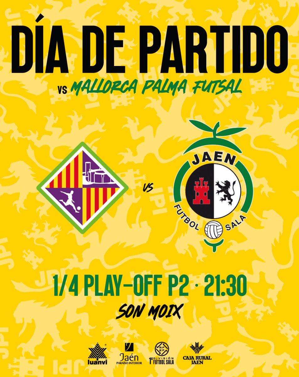 JaenFS's tweet image. 💛 DÍA DE PARTIDO 💛

▶️ Hoy buscaremos la victoria que nos de el pase a semifinales

⚽️ 21:30 🆚 @PalmaFutsal
🏟️ Son Moix

📺 @fef_tv y @teledeporte

⚡️ ¡VAMOS JAÉN!

#PrimeraDivisiónFS #FutsalRFEF #SomosJaén💛