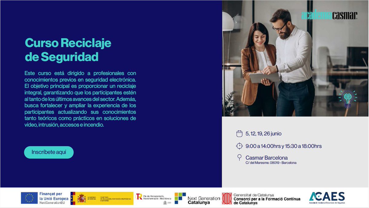 Últimas plazas. Curso  reciclaje técnico de seguridad. 100% subvencionado.
Para profesionales con conocimientos previos en seguridad electrónica. Objetivo: proporcionar  reciclaje integral, garantizando que estén al tanto de los últimos avances. Cerramos inscripciones esta semana