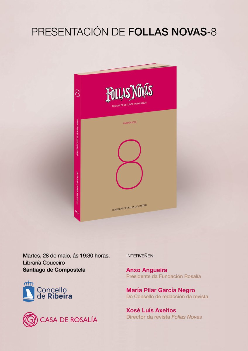 Mañá presentamos na Libraría Couceiro o número 8 da #revistaFollasNovas de estudos rosalianos. Co seu director, Xosé Luís Axeitos, e con Pilar García Negro, do Consello de Redacción, e responsable dun dos artigos.