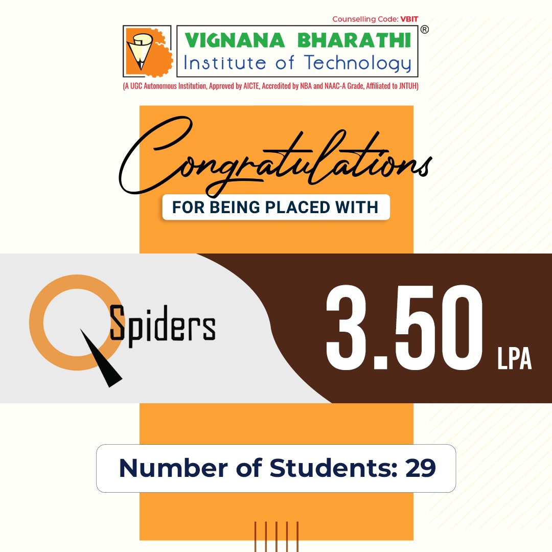 🎉#Congratulations🤝👏 to 29 of our talented students for securing placements with QSpiders at a package of #3_50LPA! Your #Hardwork & #Dedication have truly paid off. We are incredibly proud of you!

#VBIT #Placements #CareerSuccess #VBITPlacements #VBITProud #QSpidersPlacements