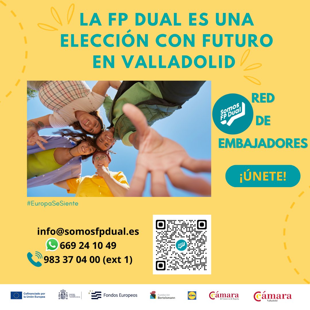 ¿Conoces a @SomosFPDual_?✨

Si estudias o has estudiado #FormaciónProfesionalDual, únete a la red de embajadores de FP Dual y comparte tu experiencia con otros jóvenes e inspira a cursar esta #modalidadeducativa📢

Financiado @FondosUE_Esp 
info@somosfpdual.es
#EuropaSeSiente