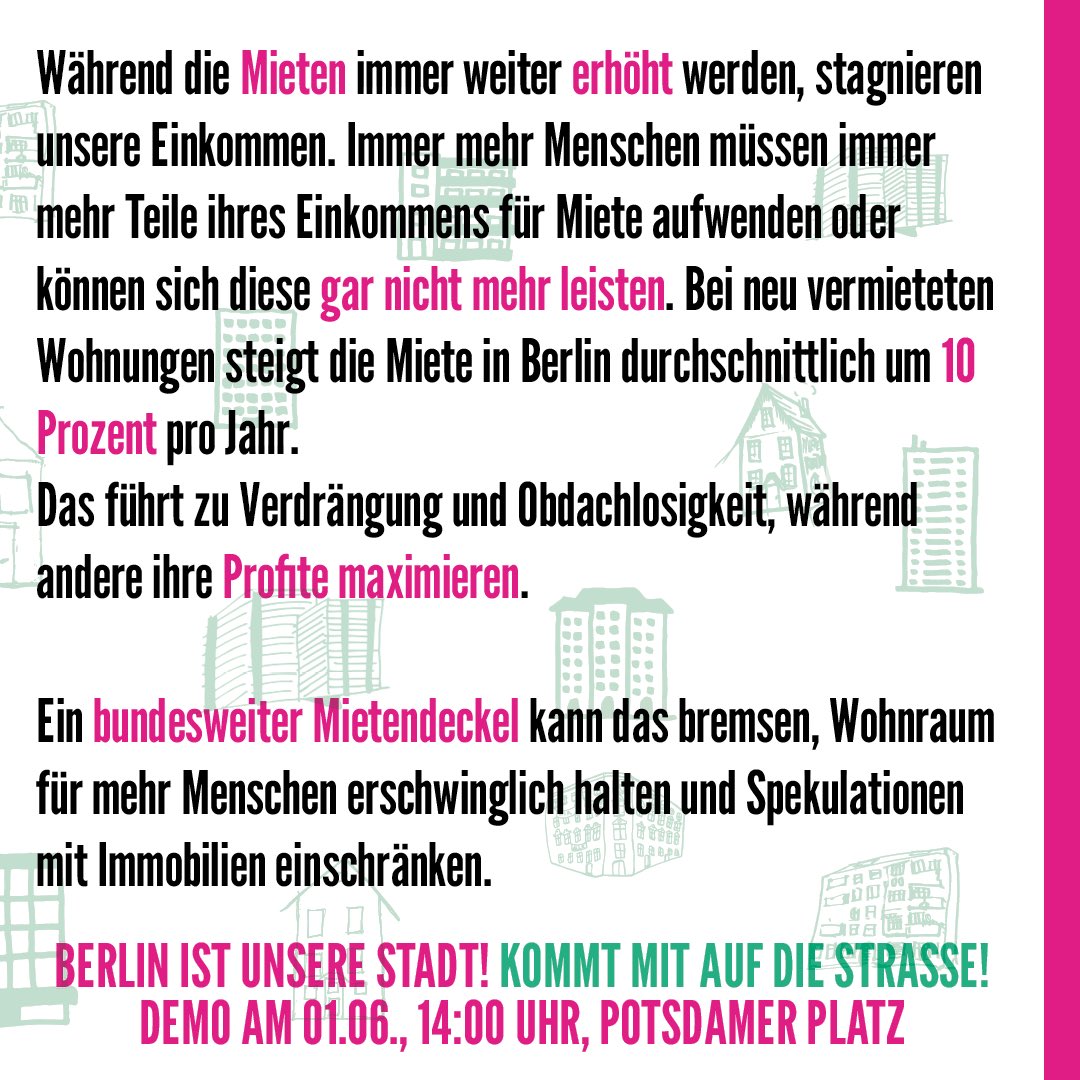 Am Samstag auf die Straße: Für einen bundesweiten Mietendeckel, gegen Mietenwahnsinn, Verdrängung und Wohnungsnot!

Berlin ist unsere Stadt!
📅 Samstag, 01. Juni
⏰ 14:00 Uhr
📍Potsdamer Platz
#b0106 #mietenwahnsinn