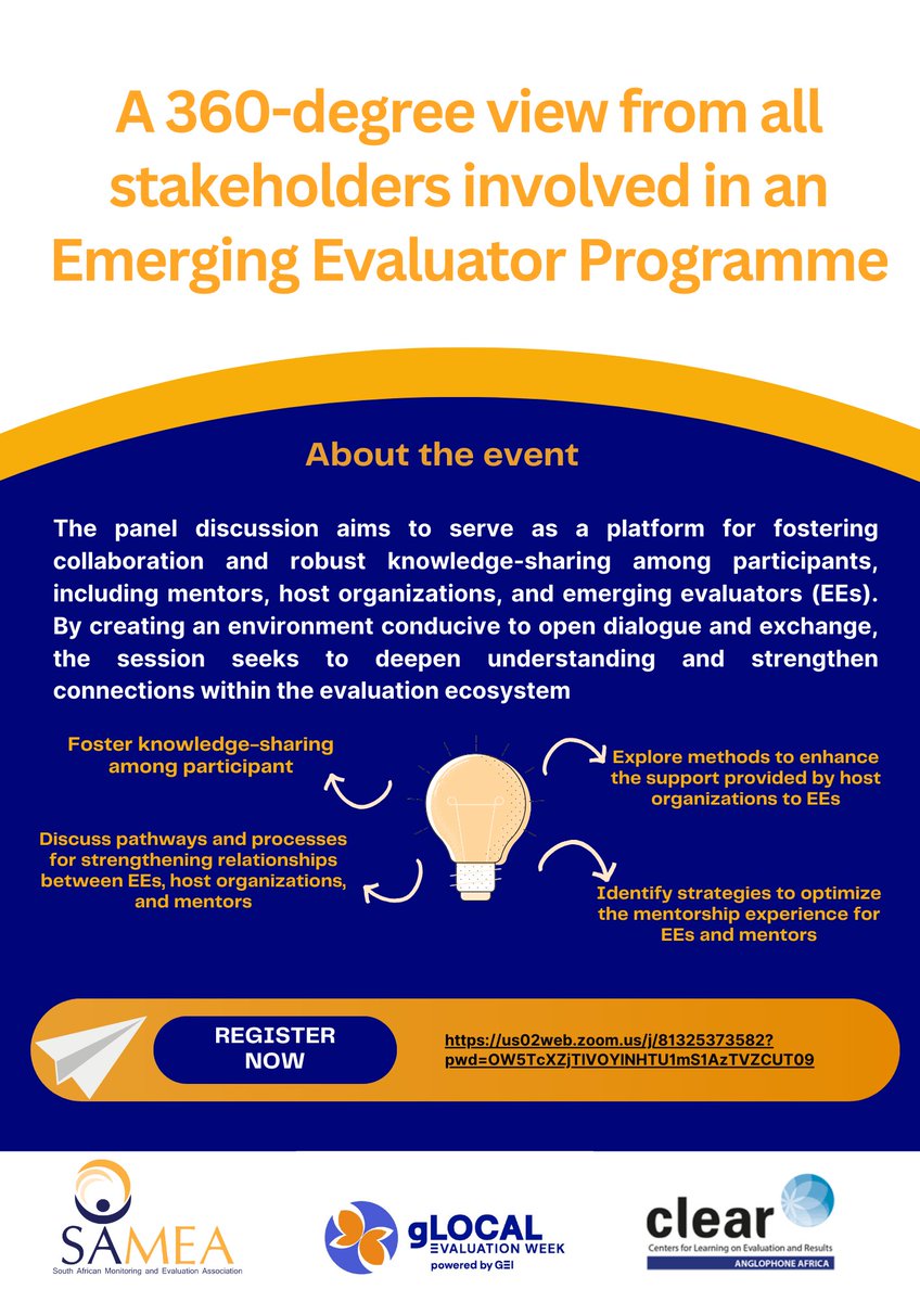 SAMEA_ZA's tweet photo. Join us for a SAMEA gLocal event! This event promises to be an invaluable opportunity to connect and learn from one another.
6 June 2024| 10:00 AM - 11:30 AM (SAST)| Zoom (https://t.co/44u6C1d1jQ)
#EmergingEvaluators #gLocal2024 https://t.co/shP8I4wISO