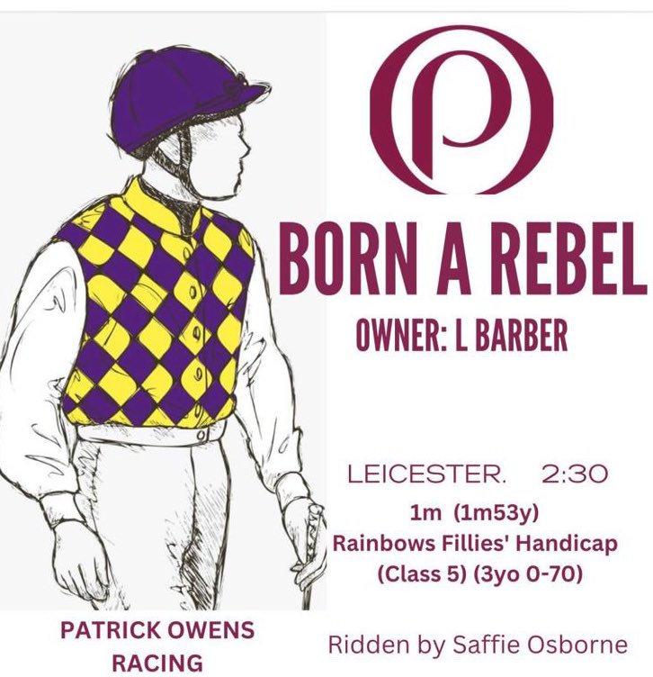 patowensracing's tweet photo. BORN A REBEL runs today @LeicesterRaces 2:30 for owner Lee Barber. Ridden by @OsborneSaffie #PatrickOwensRacing #finishfastfinishfirst #horseracing #AuthorizedYard #Newmarket https://t.co/vWgxVKKPOV