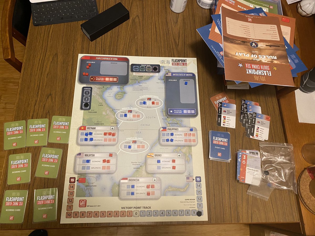 EssEmDot's tweet photo. Played through a solo game of @HBuchanan2’s Flashpoint South China Sea in a shade over 90 minutes. The game system kept China in the game right to the end, where a run of US scoring edged them out. #FSCSGame is a great game! Thanks @gmtgames for publishing. https://t.co/ELySekBvu5