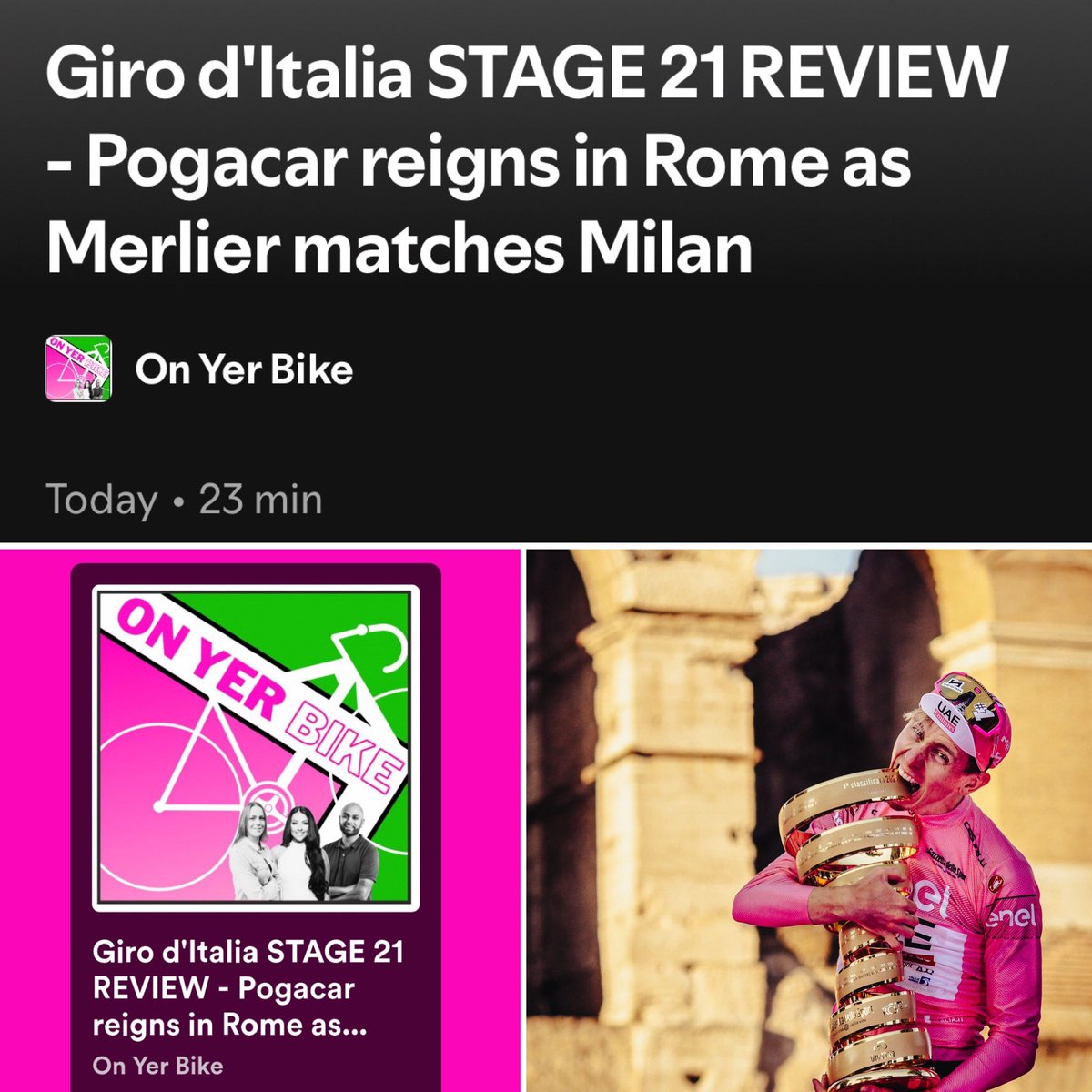 Our final #giro 2024 podcast is out! 🎙️ @Sanny_Rudra & @writebikerepeat and a few friends…! 🇮🇹 🗣️ @GrahamWillgoss @cyclartist @DanDeakins @TimBonvilleGinn @GuillaumeWatt @ChrisSidwells 📍🇬🇧 @AnnamacB #RideLondon #OnYerBikePod #GirodItalia @giroditalia #pogacar