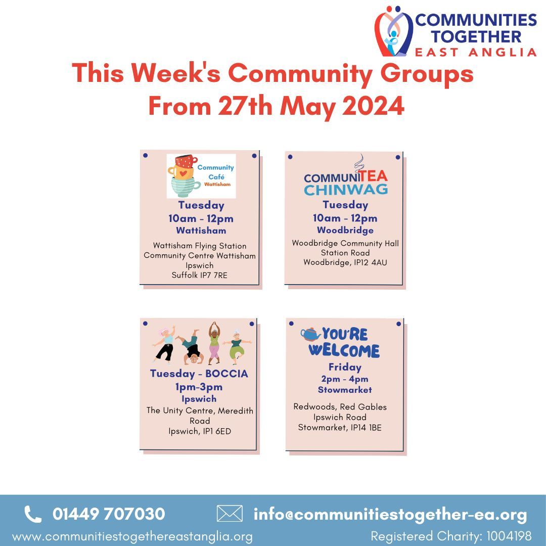 SESSIONS THIS WEEK

For more information about our sessions please contact info@communitiestogether-ea.org or call 01449 707030.
