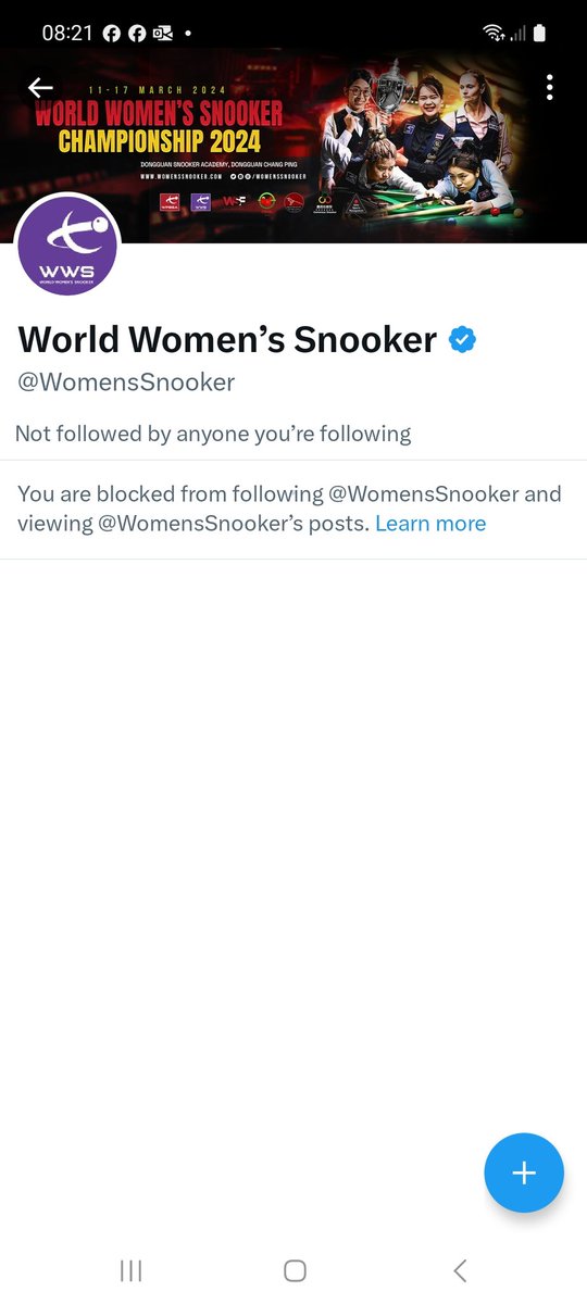 Snooker players Michelle Browne Jaime Parker & pool player Mary Cunningham, along with myself, are all still blocked by Women's World Snooker WWS on X and Facebook and would like reinstating please. All we did was ask what they are doing to protect fairness in their sport?