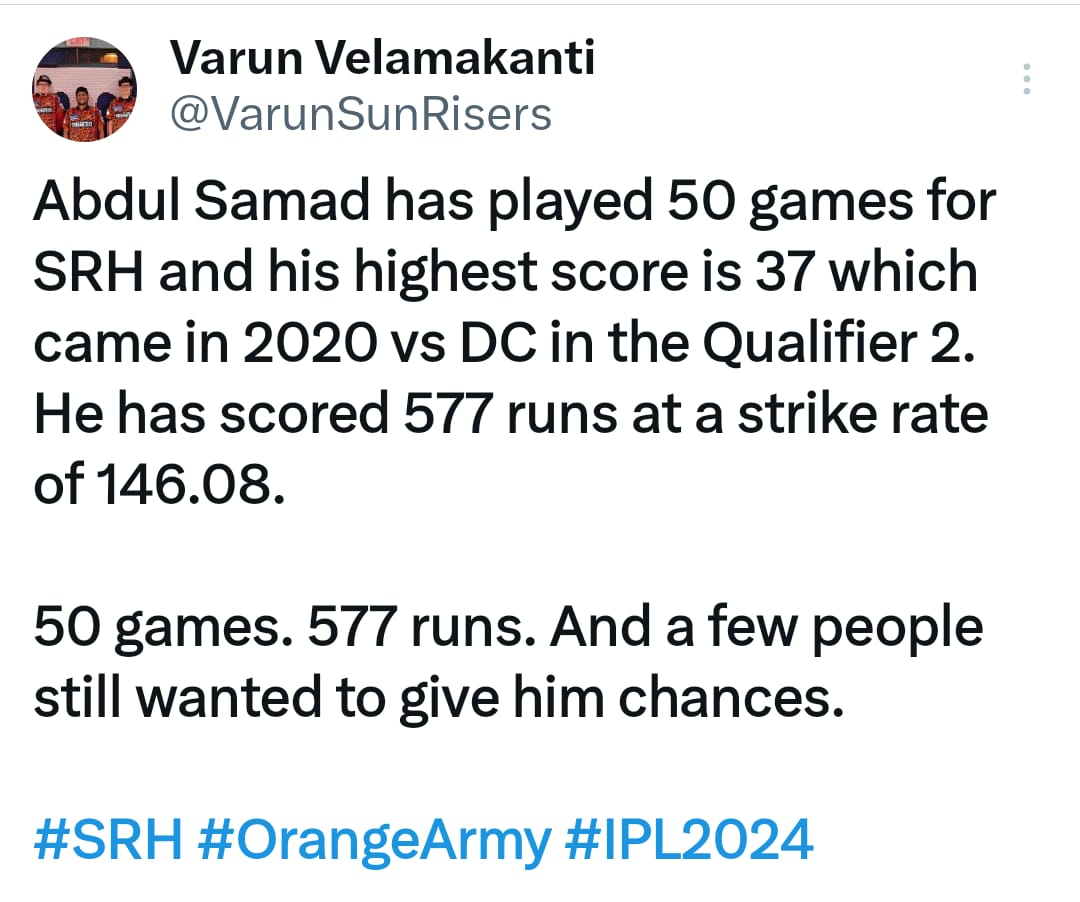 Many sunrisers fans are not happy wth abdul samad and rightly so, but the issue is not with the player alone but it lies somewhere else , i will try to put the performances of all uncapped indians and reason behind their sucess The major reason being training and facilities