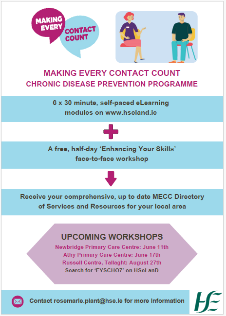 Enrol today on our Making Every Contact Count workshop in Newbridge Primary Care Centre on June 11th! Search for ‘EYSCHO7’ on your HSeLanD homepage to reserve your place #MECC @HSECHO7 @HsehealthW