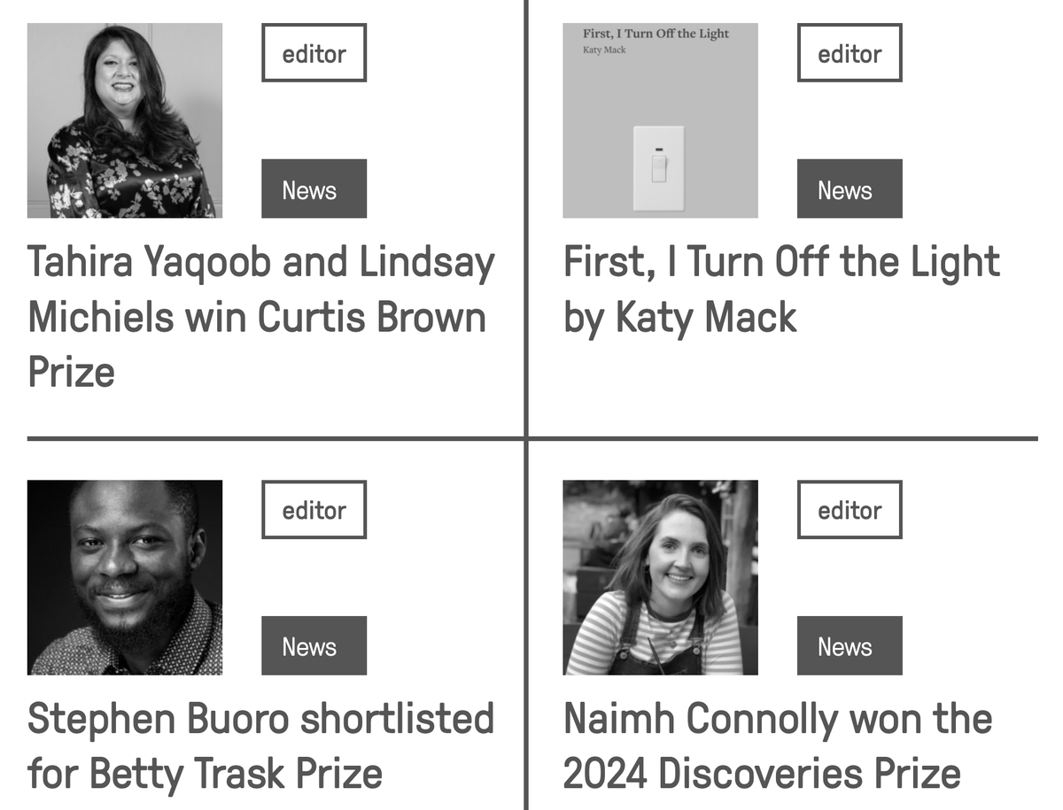 UEA #CreativeWriting news
newwriting.net/category/news

Tahira Yaqoob and Lindsay Michiels win Curtis Brown Prize

First, I Turn Off the Light by Katy Mack (<a href="/MackKatymack123/">Katy Mack</a>)

Stephen Buoro shortlisted for Betty Trask Prize

<a href="/_Niamh_Connolly/">Niamh Connolly</a> wins 2024 Discoveries Prize