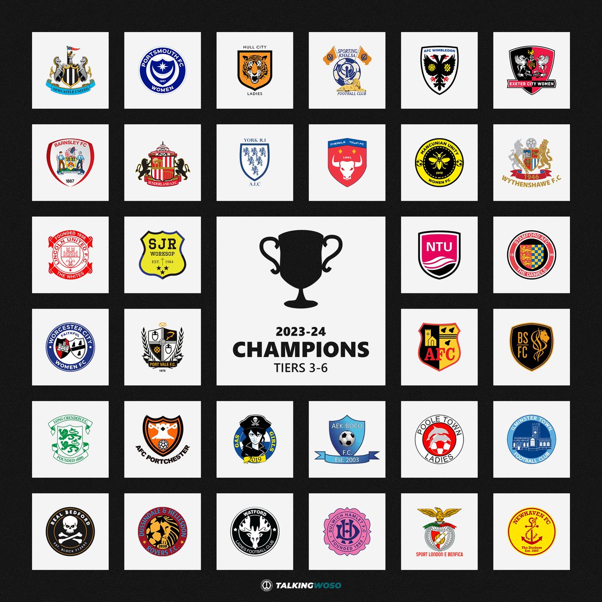 Champione, Champione, Olé, Olé, Olé! 

The 2023-24 league champions across Tiers 3-6. 🏆