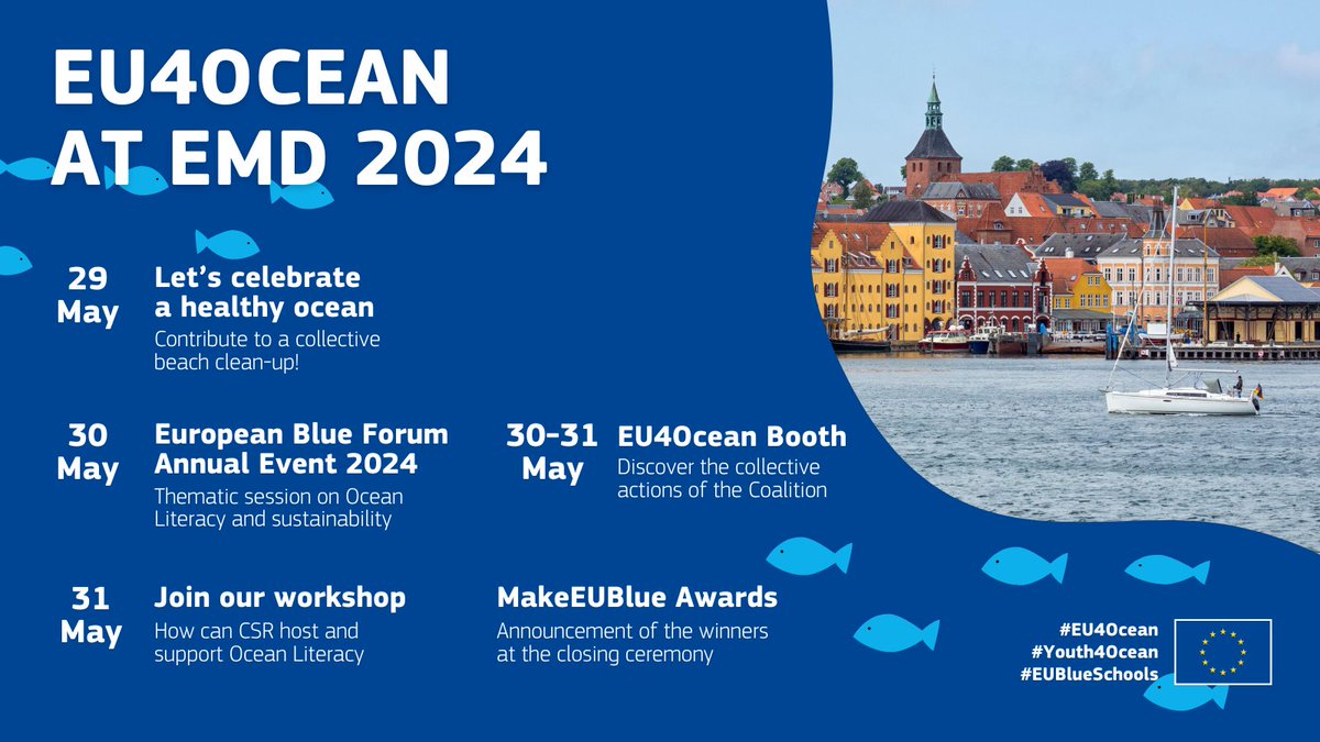 Dive into #EU4Ocean at #EMD2024 from 29 to 31 May! Engaging workshop, #EUBeachCleanup, #MakeEUBlue Awards winners announcement, and more await you! Don't miss out on the #oceanliteracy actions!🐬 Learn more👉europa.eu/!mdQb3v #EU #EMFAF #Youth4Ocean #EUBlueSchools