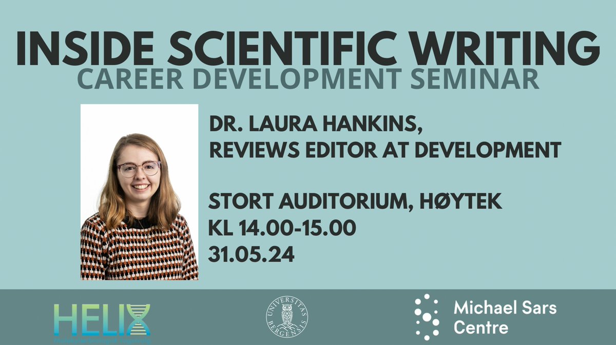 We are so thrilled to announce a career development seminar in collaboration with MolBio @UiB student organization Helix 🧬 Dr. Laura Hankins, reviews editor @Dev_journal will talk about career paths in publishing. Come hear her talk! ✨ 🔗tinyurl.com/4f6shrup