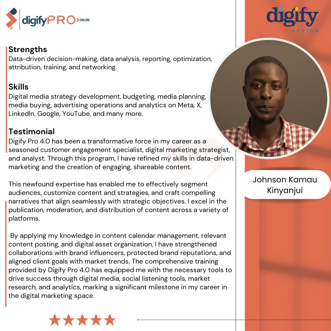 We are thrilled to introduce Johnson, one of the graduates from DigifyPro Cohort 4.0. Let's come together to celebrate his accomplishments and warmly welcome him into the digital world.

Thank you, Johnson, for your dedication and achievements

#DigifyKE #Expressway #KenyaAirways