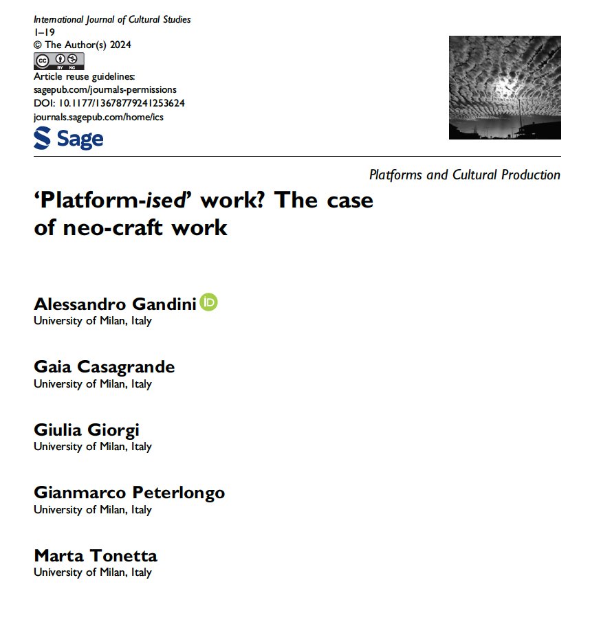 Alessandro Gandini (@afrontiercity) on Twitter photo The second article from the CRAFTWORK project is here! We're delighted to be part of the new <a href="/IJCS_journal/">International Journal of Cultural Studies</a> special issue on Global Perspectives on Platforms and Cultural Production with a piece on neo-craft work as 'platform-ised' work. Check it out! 👉journals.sagepub.com/doi/10.1177/13… The second article from the CRAFTWORK project is here! We're delighted to be part of the new <a href="/IJCS_journal/">International Journal of Cultural Studies</a> special issue on Global Perspectives on Platforms and Cultural Production with a piece on neo-craft work as 'platform-ised' work. Check it out! 👉journals.sagepub.com/doi/10.1177/13…