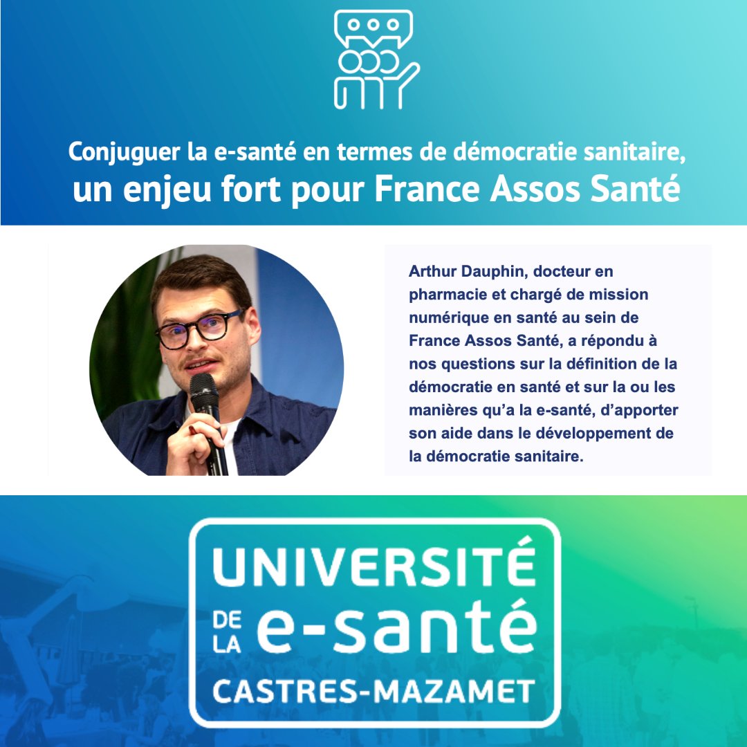 #univEsante
La place grandissante des #patients dans la prise de décisions au sein du système de santé français et des innovations digitales
🎤Arthur Dauphin @Art_Dauphin chargé de mission numérique en santé  @Fr_Assos_Sante
➡️universite-esante.com/le-numerique-u…
#esante #hcsmeufr #patient