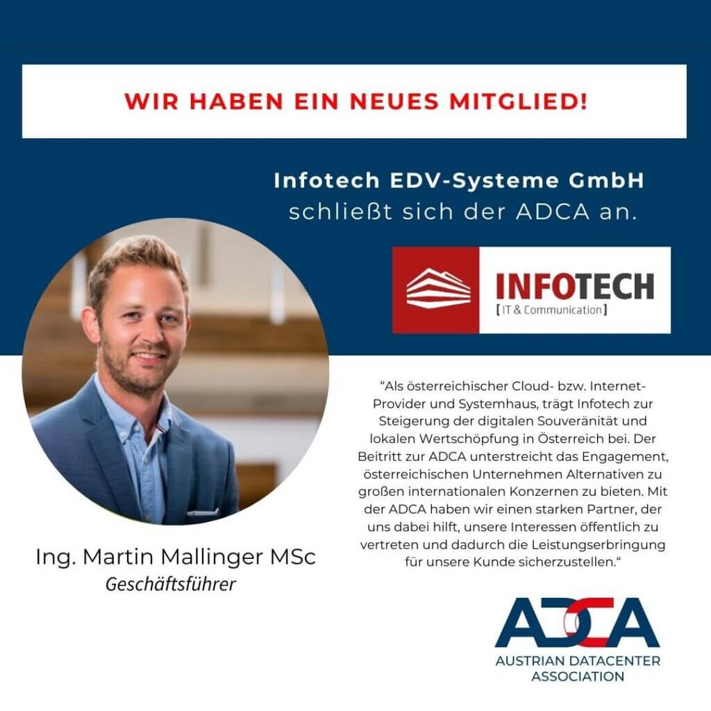 Wir freuen uns, Infotech EDV-Systeme GmbH als Mitglied begrüßen zu dürfen!
Infotech  ist ein Systemhaus mit Sitz im Innviertel, verfügt über langjähriges Know-how im Netzwerk und Server-Umfeld, für Colocation, Server-Infrastruktur und eigenes Glasfasernetz.
Herzlich Willkommen!