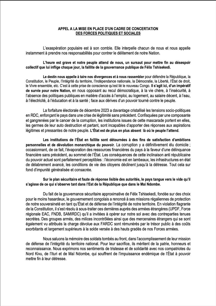LubayaClaudel's tweet photo. #RDC L’exaspération populaire est à son comble. Elle interpelle chacun de nous et nous appelle instamment à prendre nos responsabilités pour contrer le délitement de notre Nation.

Face à l’impératif du rassemblement et dans un élan de dépassement de soi, @sethkikuni et moi, appelons à une nécessaire réévaluation de notre lutte et à sa juste valorisation par la mise en place d’un cadre de concertation des forces politiques et sociales à même de rendre espoir à notre peuple et de construire une alternative destinée à stopper la dictature qui s’enracine dans notre pays.