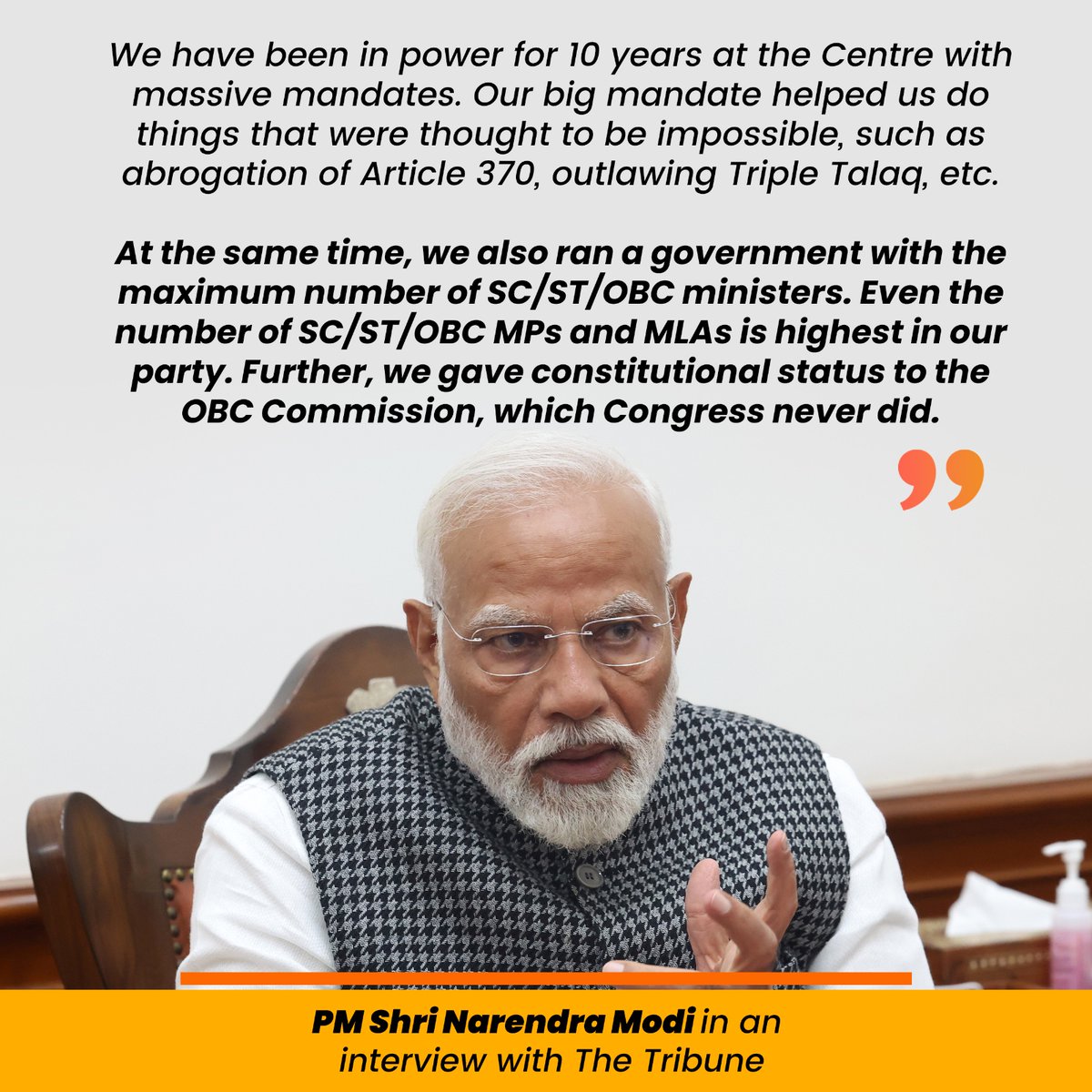 We have been in power for 10 years at the Centre with massive mandates. Our big mandate helped us do things that were thought to be impossible, such as abrogation of Article 370, outlawing Triple Talaq, etc. - PM Shri @narendramodi