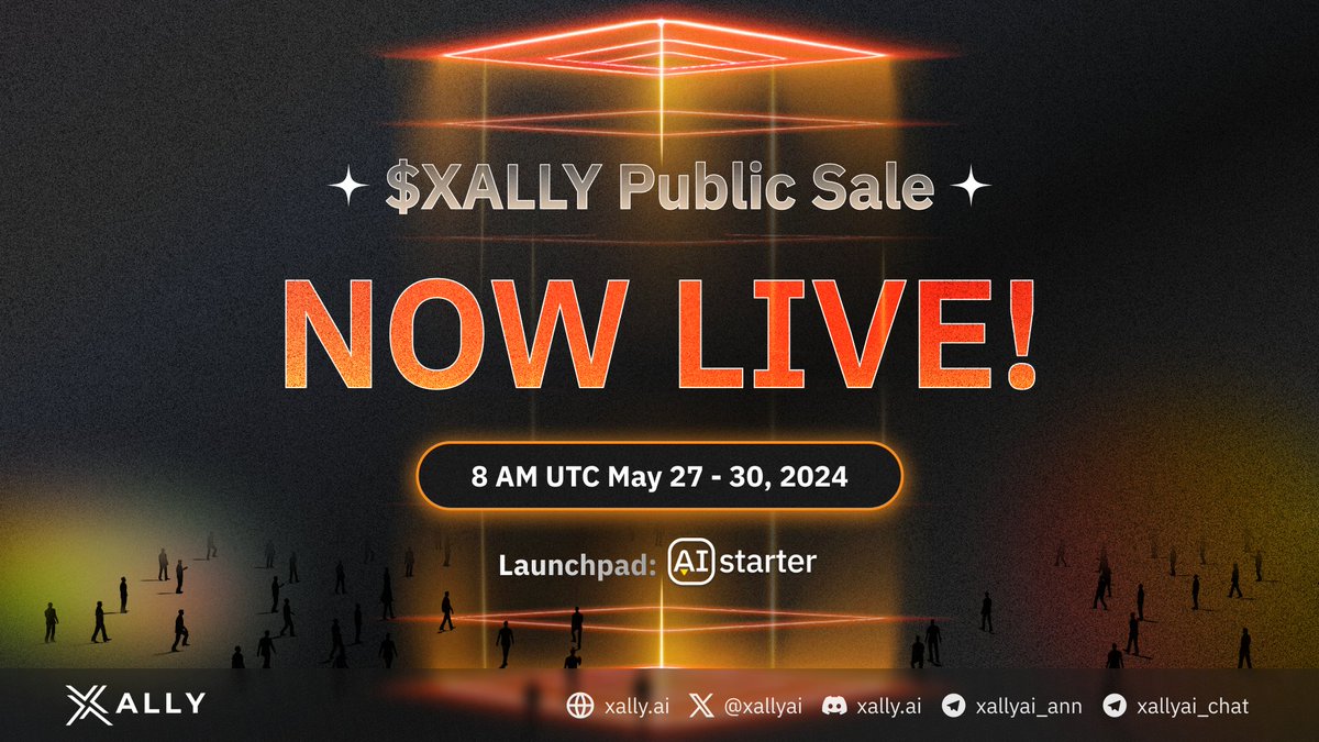 🚀 $XALLY Public Sale is Now Live! 🚀 🚀 Join now: aistarter.xally.ai/launchpad/xally ⏲️ Public sale ends: 8 AM UTC, May 30th ✍️Important notes: 1. Total Tokens: 80,000,000 $XALLY 2. Vesting: 100% TGE 3. Networks: #Bitcoin & #Ethereum 4. Wallets: EVM wallet, @unisat_wallet,