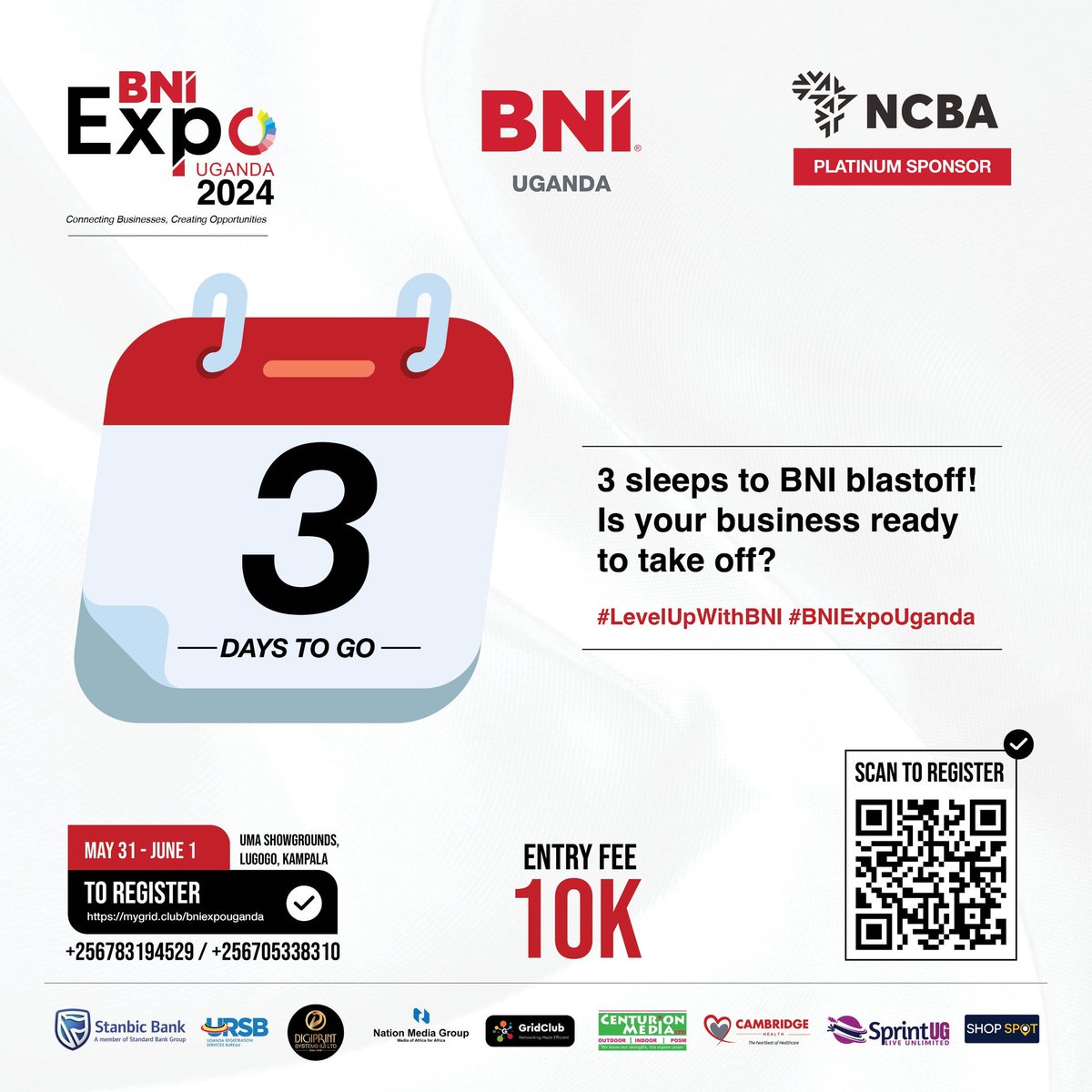 Tue, Wed, Thur...𝖥𝖱𝖨𝖣𝖠𝖸 🤗 Only 3 Days left to the #BNIExpo2024, the first of a kind business event for people and businesses to connect, learn and discover untapped opportunities. 📅: Friday & Saturday 🎟️: 10k Per Day 📍: UMA Hall, Lugogo.