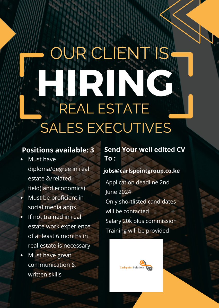 #jobs #jobvacancy #vacancies #nairobijobs #salesjobskenya #realestatesales #entryleveljobs #realestate #ikokazi #ikokazike #carlspointsolutions #carlspointgroup