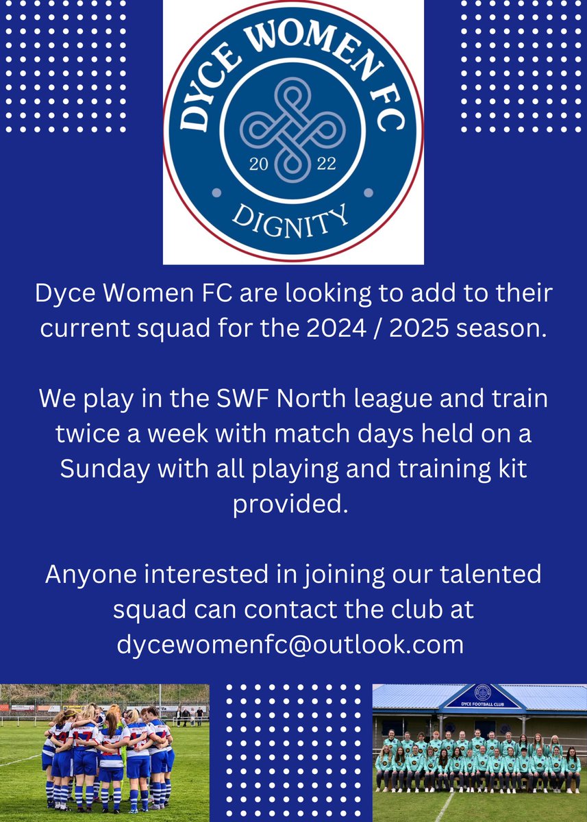 Having finished second in the league in our first full season in the SWF North, we are now looking to replace some players who are moving on and to bolster the squad depth. 

Please contact the club if you are interested in joining our club. 

dycewomenfc@outlook.com