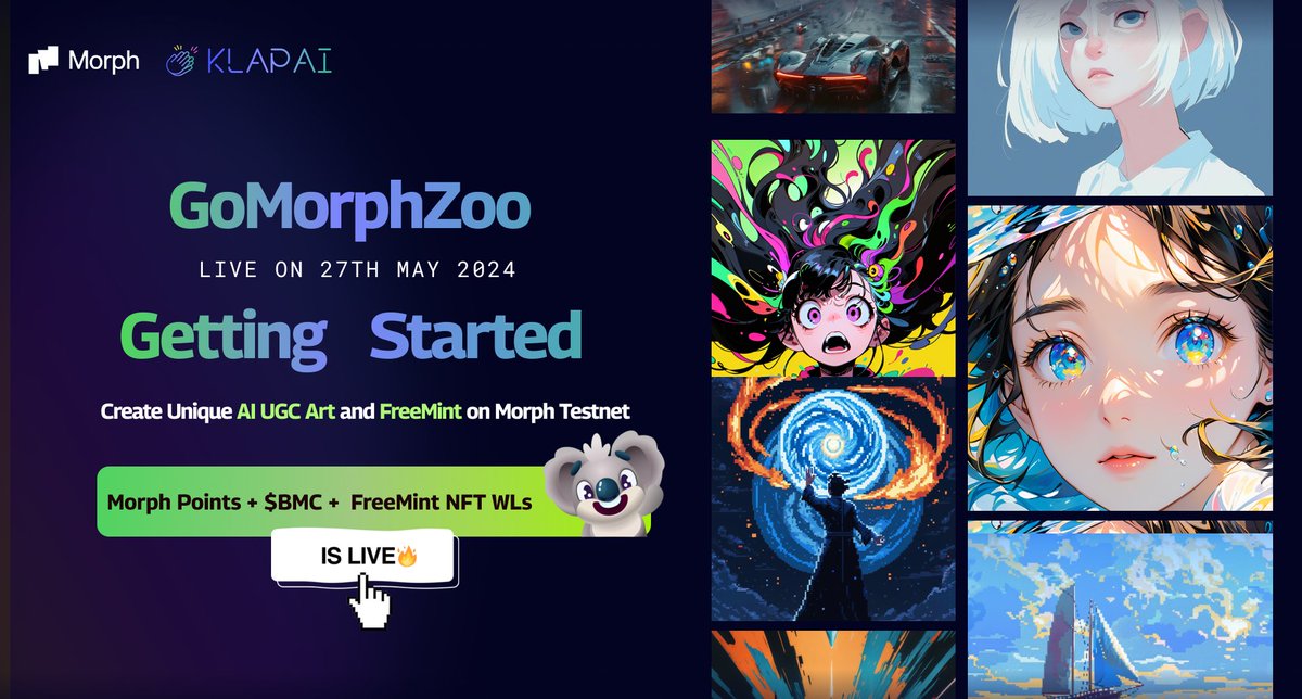 Morph x KlapAI “GoMorphZoo: Getting Started” - Is Live now! 👋 Mint AI Art on Morph Testnet to Earn Morph Points + KlapAI $BMC ✨ @BitMetis and @MorphL2 bring you this exciting collaboration! Join Morph Zoo Season 1 with us！ To Enter: klapai.io/bounty-detail/… Simple steps: 🖼