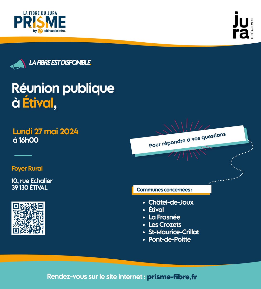 [#RÉUNIONPUBLIQUE]

Jour J pour notre réunion publique à Étival !

Nous vous donnons rdv à 16h00 au foyer rural
📌10, rue Echalier 39130 ETIVAL

↪️Réservez vite votre créneau sur notre site :

lnkd.in/eH8jxAXu

#fibreoptique #trèshautdébit #jura