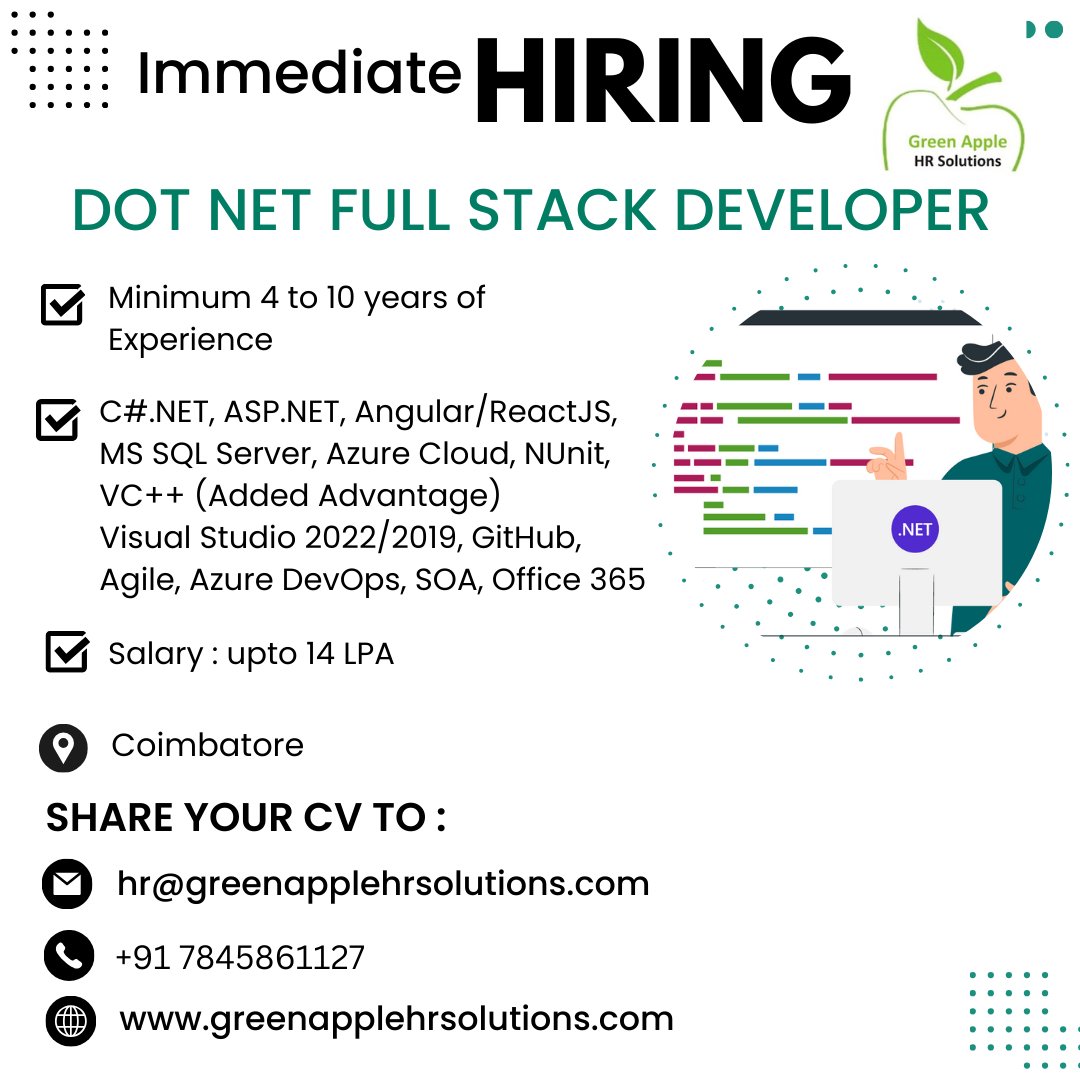 We are looking for a DOT NET FULL STACK DEVELOPER with a Minimum of 4 to 10 years of experience
#greenapplehrsolutions #recruitmentagency #jobconsultancy #developer #hiring #opentowork #hiringnow #dotnet #developer #fullstackdeveloper #fullstackdev