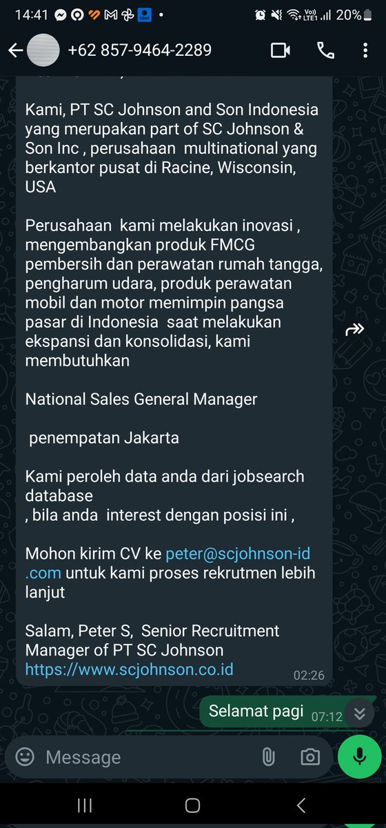 tanggon's tweet photo. @SCJohnson dear SC johnson hari ini saya mendapat kan konformasi interview atas nama peter S. Senior Recruitment ybs meminta saya untuk interview kamis dan terbang ke kualanmu medan dengan reservasi ke putra susanto (0814 😂🤥) please check kasian @SCJohnson dicatut u/ penipuan https://t.co/GsRh4y0cCz