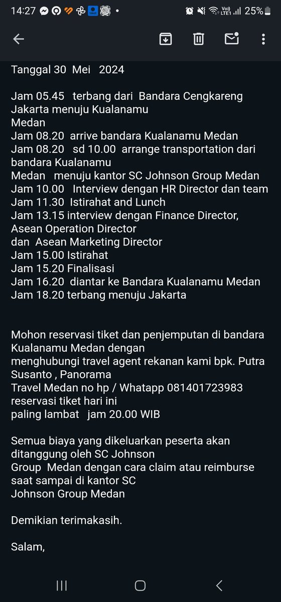 tanggon's tweet photo. @SCJohnson dear SC johnson hari ini saya mendapat kan konformasi interview atas nama peter S. Senior Recruitment ybs meminta saya untuk interview kamis dan terbang ke kualanmu medan dengan reservasi ke putra susanto (0814 😂🤥) please check kasian @SCJohnson dicatut u/ penipuan https://t.co/GsRh4y0cCz