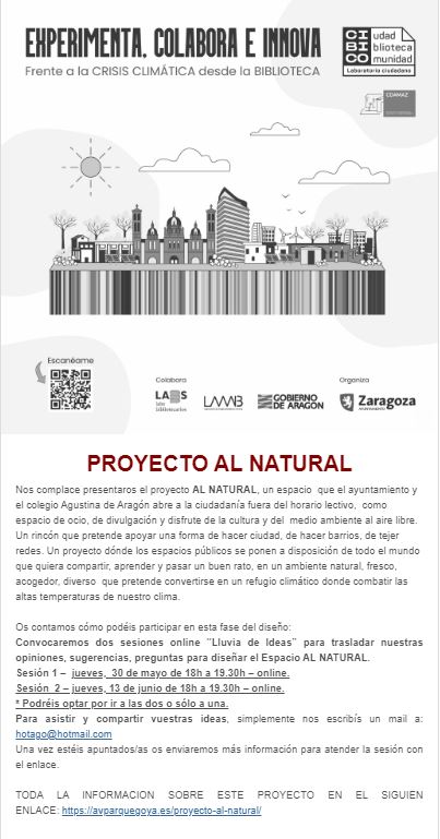 Y así avanza otro de los proyectos de #CIBICO (Ciudad Biblioteca Comunidad) en el CEIP Agustina de Aragón, que evoluciona, también cambiando de nombre. El grupo motor implica al vecindario con 
'AL NATURAL'
Lluvia de ideas los jueves 30 de mayo y 13 de junio a las 18:30 
#LABBBS