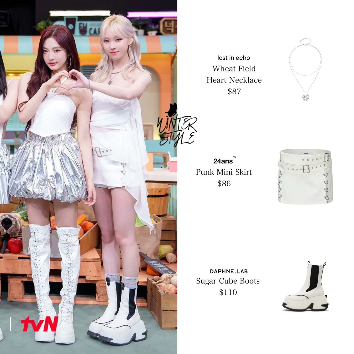 kiminjeongstyle's tweet photo. 240518 | aespa at tvN Amazing Saturday Episode 315
#LOSTINECHO : Wheat Field Heart Necklace ($87)
—
#24ANS : Punk Mini Skirt ($86)
—
#DAPHNELAB : Sugar Cube Boots ($110)
@aespa_official #Winter #윈터 #KimMinjeong #김민정 #æspa #aespa #에스파 https://t.co/YidUuqLLo1